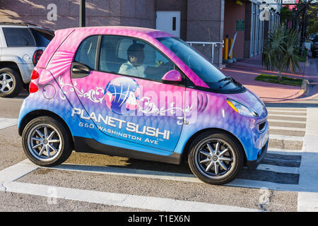 Miami Beach Florida,Planet Sushi,restaurant restaurants food dining cafe cafes,smart fortwo,coupe,car,auto,alternative transportation,fuel efficient,r Stock Photo
