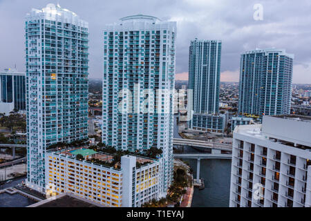 Miami Florida,view from Epic,hotel,Miami River,new condominiums,skyscrapers,high rise rises,buildings,city skyline,towers,balconies,luxury,FL090322072 Stock Photo