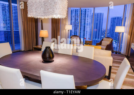 Miami Florida,Epic,hotel,luxury,boutique,lodging,hospitality,guest room,suite,dining room,windows,view,modern decor,interior design,FL090322074 Stock Photo