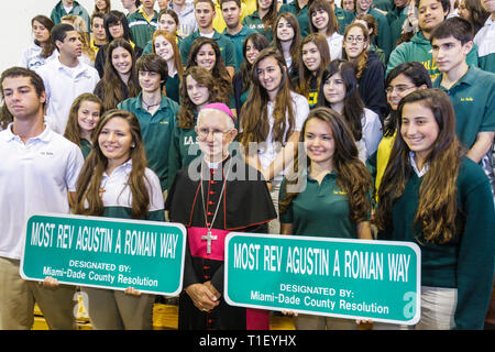 Miami Florida,Coconut Grove,LaSalle Catholic High School,street naming ceremony,Most Reverend Augustin Roman Way,Archbishop Favalora,Catholic,priest,H Stock Photo