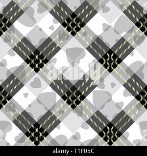 Black white diagonal tartan plaid with heart check texture seamless pattern. Vector illustration. eps10 Stock Vector