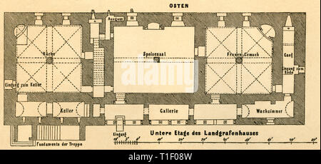 Germany, Thuringia, the Wartburg, lower floor of the so called Landgrafenhaus, illustration from: 'Der Führer auf der Wartburg ' (the guide of the Wartburg), by Dr. H. v. Ritgen, published by J. J. Weber, Leipzig, 1876., Additional-Rights-Clearance-Info-Not-Available Stock Photo