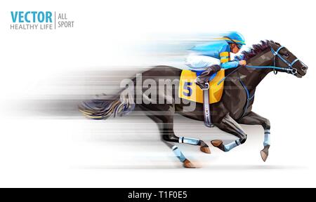 Jockey on racing horse. Champion. Hippodrome. Racetrack. Horse riding. Derby. Speed. Blurred movement. Isolated on white background. Vector Stock Vector
