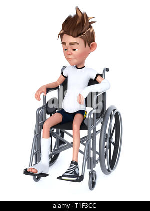 3D rendering of a sad cartoon boy with a broken arm and leg sitting in a wheelchair. White background. Stock Photo