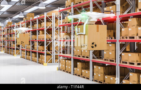 Modern drone carries a cardboard package between the aisles of a warehouse. 3d render image. Automated logistics concept. Stock Photo