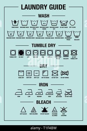 laundry guide art print and care signs, textile washing symbols for tags, labels, set of vector graphic design elements Stock Vector