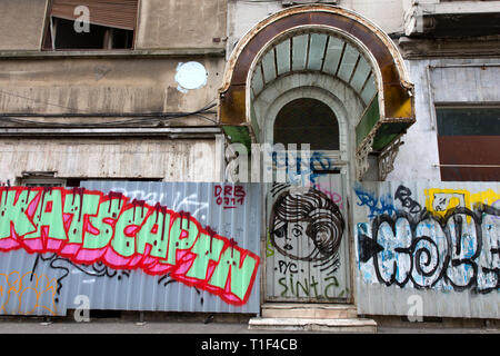 BUCHAREST -Graffitti clad houses in the old town. Stock Photo