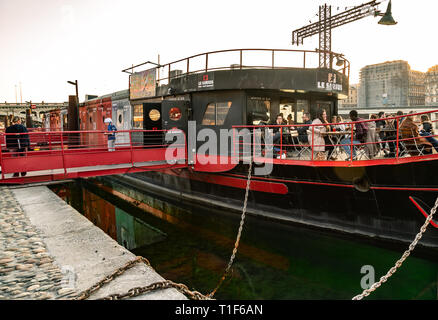 barge Cafe moored at quai, Lyon Stock Photo