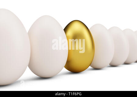 Golden egg around white eggs in row. Golden egg closeup. Golden egg as a sign of wealth, luxury. Egg as a symbol of easter, holiday, weekend. 3D illus Stock Photo