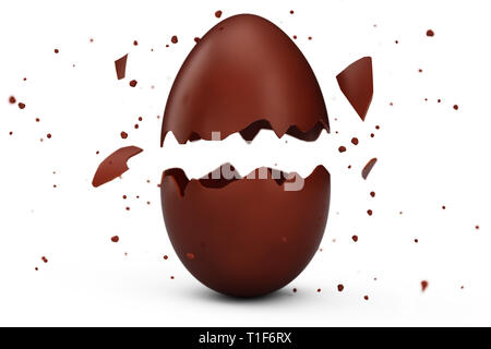Sweet, chocolate Easter egg cracked into many pieces isolated on a white background. Chocolate Easter egg, holiday symbol. Egg made from cocoa. 3D ill Stock Photo