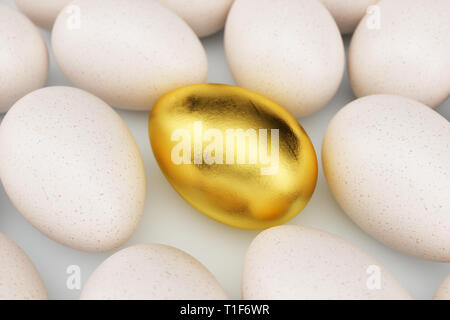Single golden egg around white eggs, concept individuality, exclusivity and success in life. Unique golden egg. Golden egg stands out among the other  Stock Photo