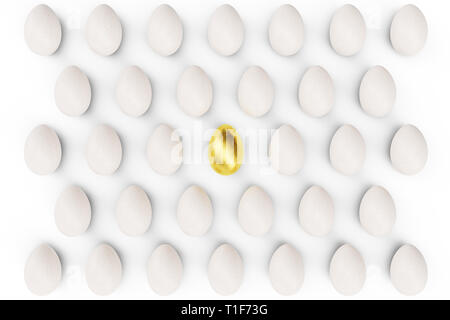 Golden egg in a centre, eggs top view. concept individuality, exclusivity and success in life. Golden egg as a sign of wealth, luxury. Egg as a symbol Stock Photo