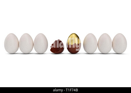 Exclusive Golden luxury egg covered with chocolate in row with white eggs. Easter egg. Cracked chocolate egg. Sweet chocolate egg, holiday and easter  Stock Photo