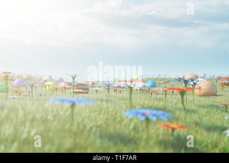 Colorful eggs in a meadow on a sunny day against the blue sky. Multicolored painted easter eggs on grass, lawn. Concept easter eggs hunt in sunday. Ea Stock Photo