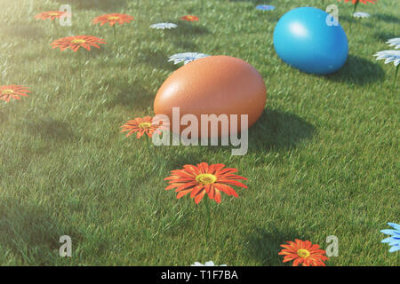 Colorful eggs in a meadow on a sunny day, with beautiful flowers. Multicolored painted easter eggs on grass, lawn. Concept easter eggs hunt in sunday. Stock Photo