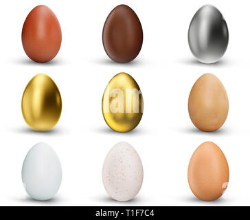 Set of 9 beautiful eggs isolated on white background. Golden, silver, chocolate, brown and white eggs. Eggs as a symbol of easter, holiday, weekend. 3 Stock Photo