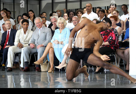 The Prince of Wales and The Duchess of Cornwall, with founder and director Carlos Acosta, watch a performance during a visit to the Acosta Dance Company in Havana, Cuba. Stock Photo