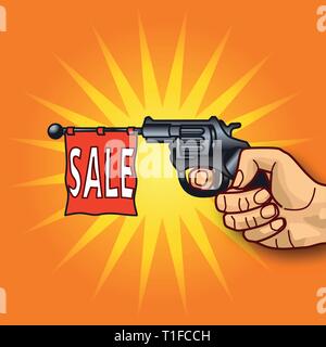 Hand with revolver, business and sale Stock Vector