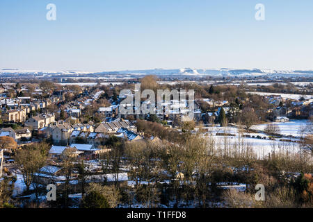 A view looking across a snowy Georgian Bradford on Avon in the sun Wiltshire, UK Stock Photo