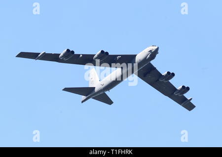 A US Air Force Boeing B-52 strategic bomber arriving from a military exercise at RAF Fairford, UK Stock Photo