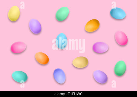 Pastel colored Easter eggs on pink background, Easter pattern Stock Photo