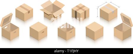 Set of miniature boxes in closed and open versions of light brown cardboard for badges, advertising, banners, filling sites. Isometric style. Stock Vector