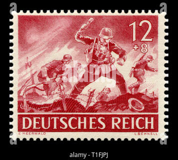 German historical stamp: Assault infantry units of the Wehrmacht, soldiers with grenades and rifles storming the line of strengthening the enemy, 1943 Stock Photo