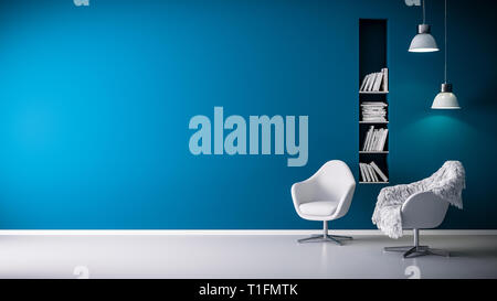 3D rendering of armchair and seat in living room in front of blue wall with copy space and modern or minimalistic interior and white floor Stock Photo