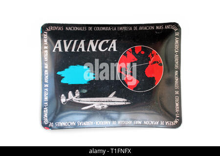 Vintage black and golden promotional souvenir ashtray Avianca airlines from Colombia, isolated on a white background, close up Stock Photo