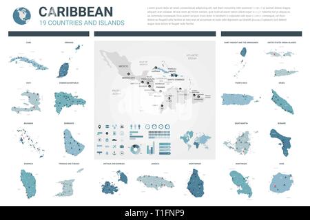Vector maps set.  High detailed 19 maps of Caribbean countries with administrative division and cities. Political map, map of Caribbean region, world  Stock Vector