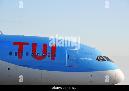 Manchester Airport, United Kingdom - January 8, 2018: TUI Airways Boeing 787-8 MSN 36424 G-TUID preparing for take off. Stock Photo