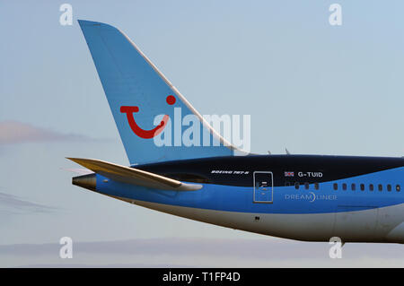 Manchester Airport, United Kingdom - January 8, 2018: TUI Airways Boeing 787-8 MSN 36424 G-TUID moments after take off. Stock Photo