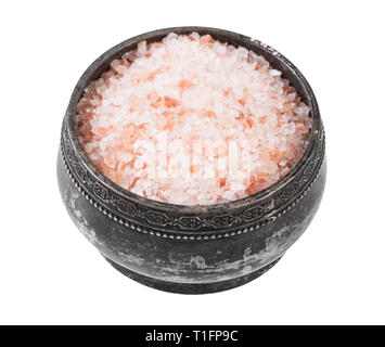 old silver salt cellar with pink Himalayan Salt isolated on white background Stock Photo