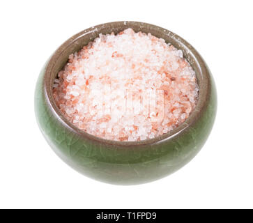 ceramic salt cellar with pink Himalayan Salt isolated on white background Stock Photo