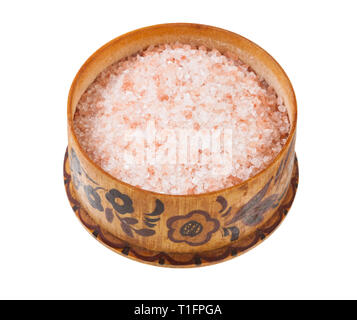 wooden salt cellar with pink Himalayan Salt isolated on white background Stock Photo