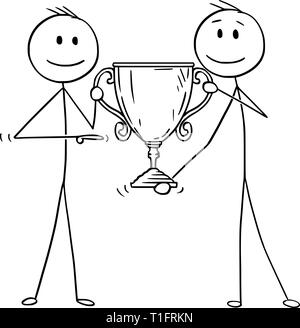 Cartoon stick figure drawing conceptual illustration of two men or businessmen holding together trophy cup for winner. Business concept of success and competition. Stock Vector
