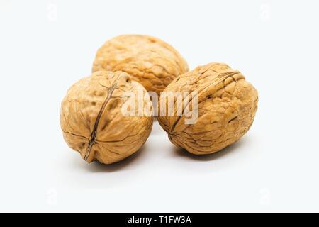 Three whole walnuts isolated on white background Stock Photo
