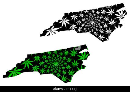 North Carolina (United States of America, USA, U.S., US) -  map is designed cannabis leaf green and black, State of North Carolina map made of marijua Stock Vector