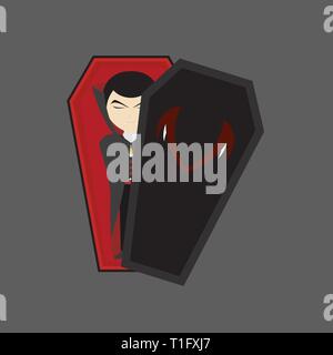 The vampire is in a coffin with red eyes and dressed in black robes, vampire illustration, flat design Stock Vector