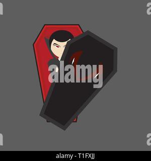 the vampire is in a coffin with red eyes and dressed in a black robe whose hands hold the lid of the coffin, vampire illustration, flat design Stock Vector