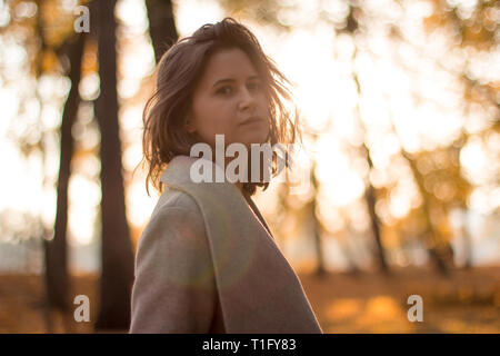 Girl with brown hair in the autumn forest on the backlight Stock Photo