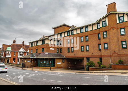 Guildford, United Kingdom - March 23, 2019: Street view of YMCA student accommodation building in the medieval city of Guildford, England. Stock Photo