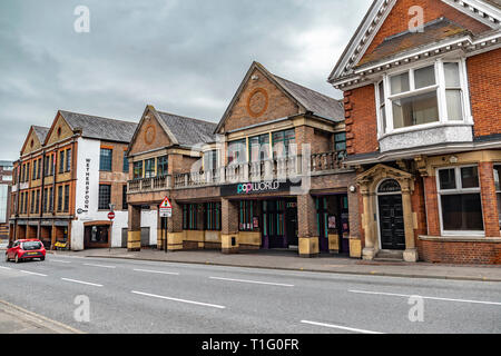 Guildford, United Kingdom - March 23, 2019: Street view of the theme bar and nightclub Popworld building in the city of Guildford, England. Stock Photo