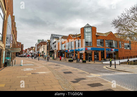 Guildford, United Kingdom - March 23, 2019: Street view of the Metro Bank building in the medieval city of Guildford, England. Stock Photo