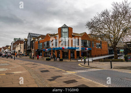 Guildford, United Kingdom - March 23, 2019: Street view of the Metro Bank building in the medieval city of Guildford, England. Stock Photo