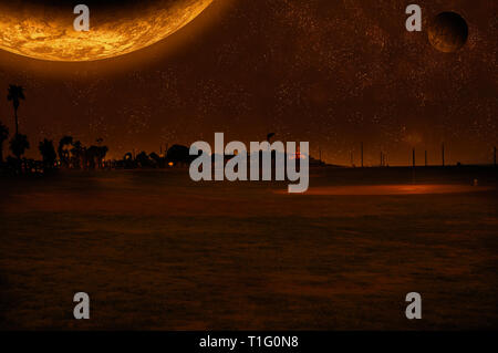 Digitally enhanced image of an alien landscape with a large planet and moon Stock Photo