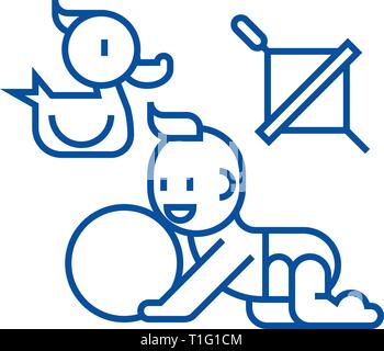 Baby playing,duck, baby, ball, whirligig line icon concept. Baby playing,duck, baby, ball, whirligig flat  vector symbol, sign, outline illustration. Stock Vector