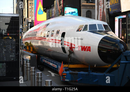 The fuselage of a 1958 Lockheed Constellation “Connie” airplane, bound to become a cocktail lounge at the TWA Hotel at JFK airport, on display in Time Stock Photo