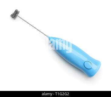 Top view of blue milk frother isolated on white Stock Photo