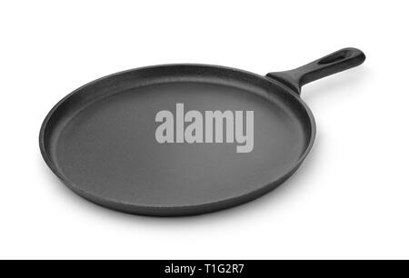 Round cast iron griddle pan isolated on white Stock Photo